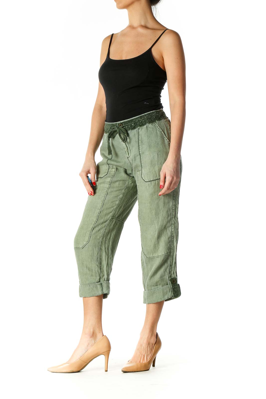 Green Casual Wide Leg Cropped Pants