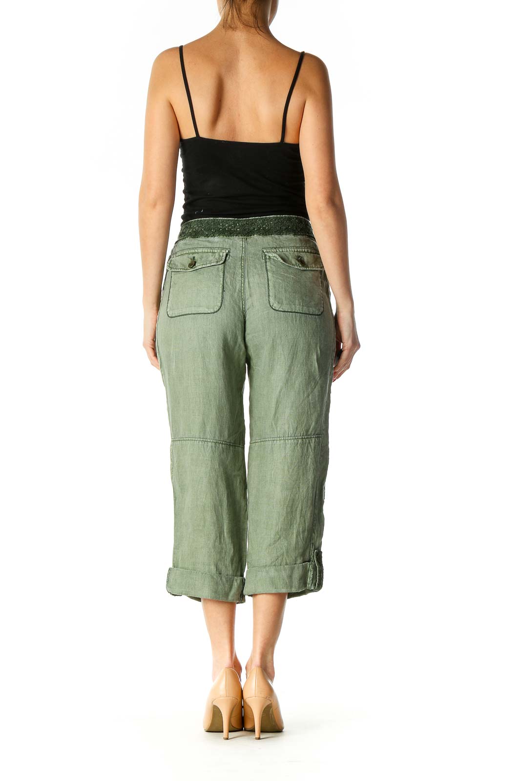 Green Casual Wide Leg Cropped Pants