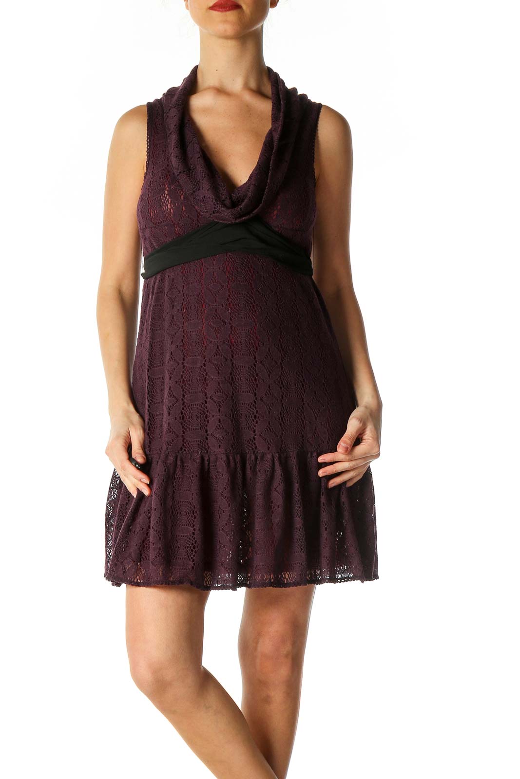 Front view of Free People burgundy lace dress with cowl neck and ruffle hem