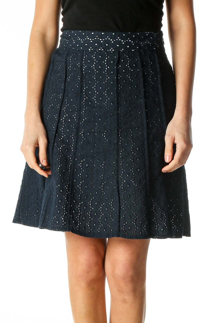 Blue Textured Retro Flared Skirt