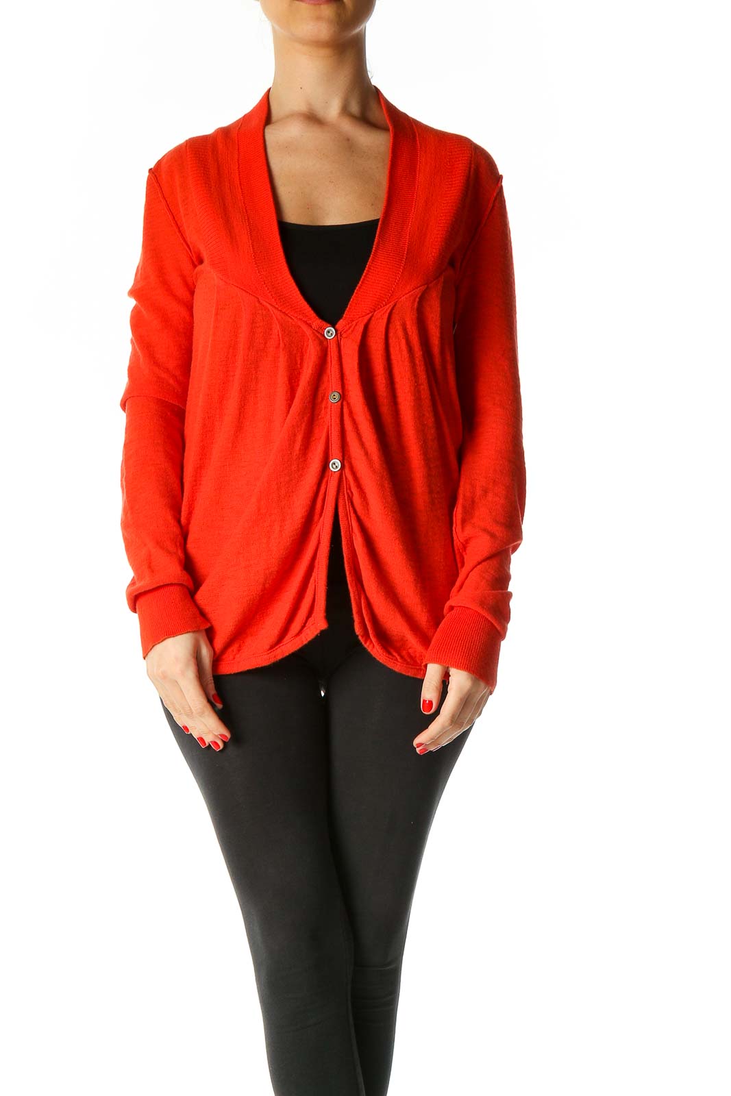 Front view of red Free People button-up cardigan sweater