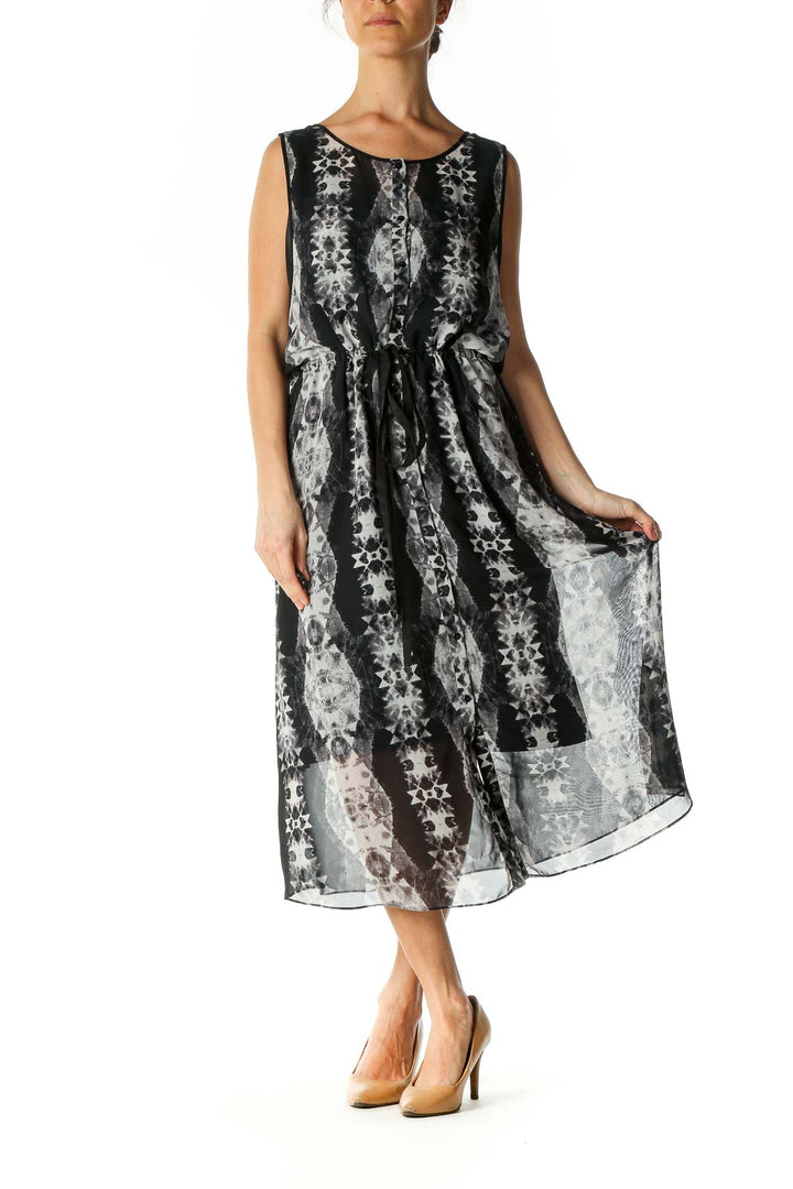 Black Geometric Print A-Line Dress