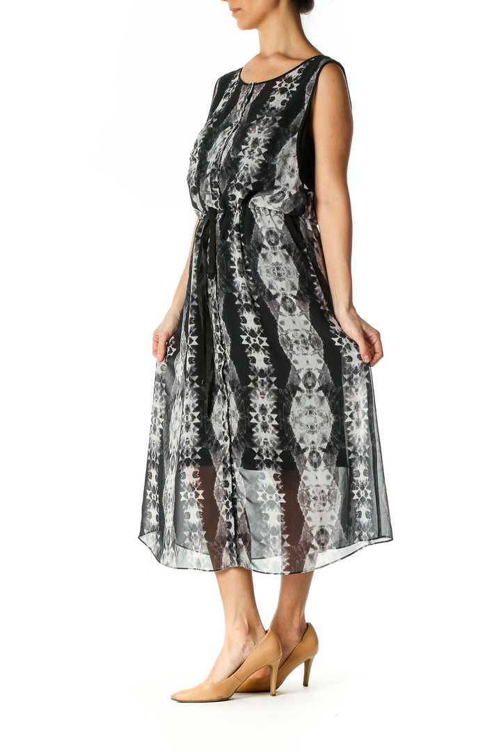 Black Geometric Print A-Line Dress