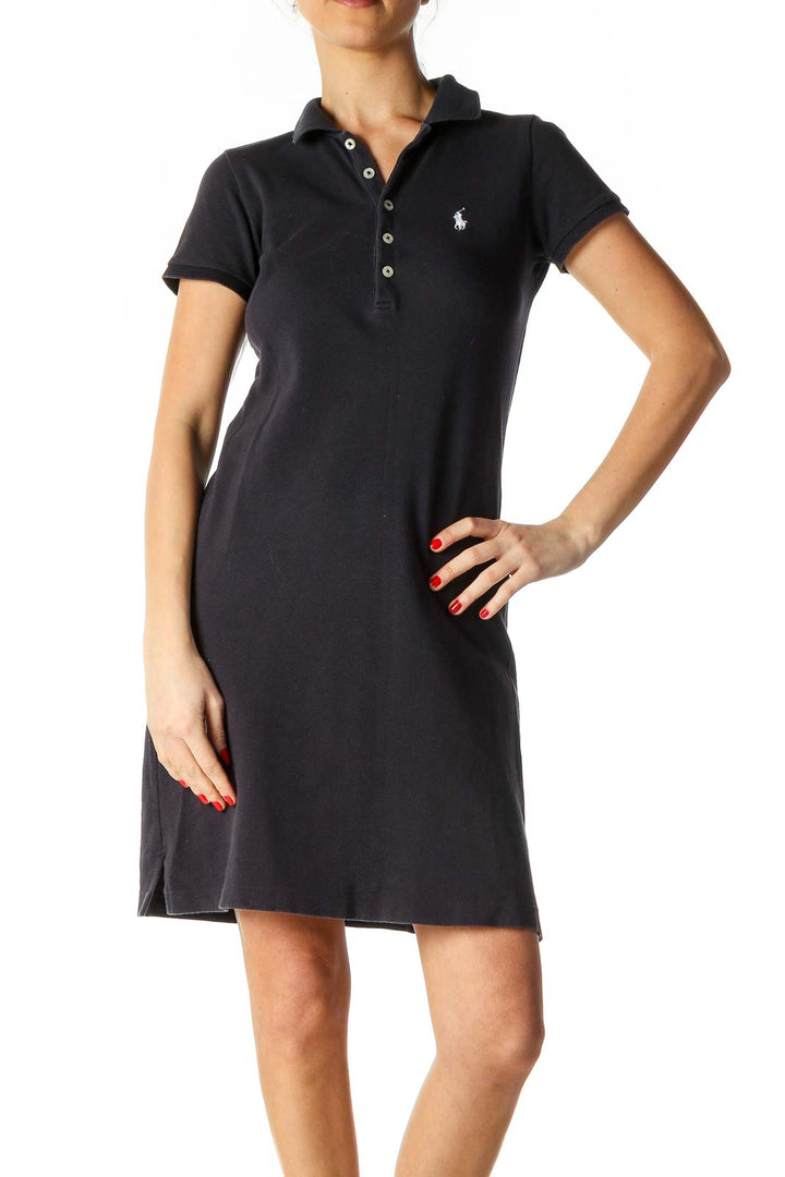 Black Solid Casual Polo Dress