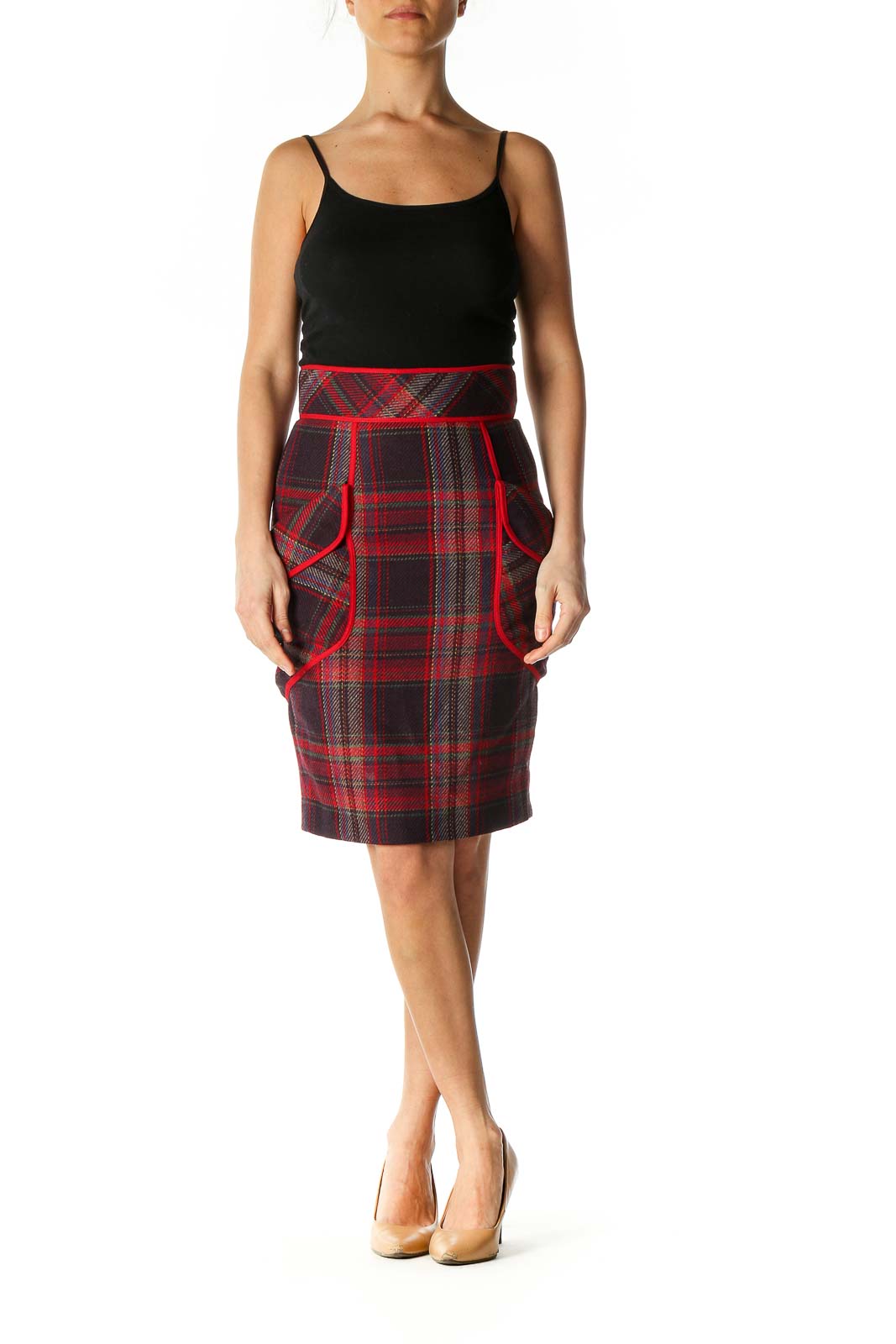 Brown Checkered Classic Straight Skirt