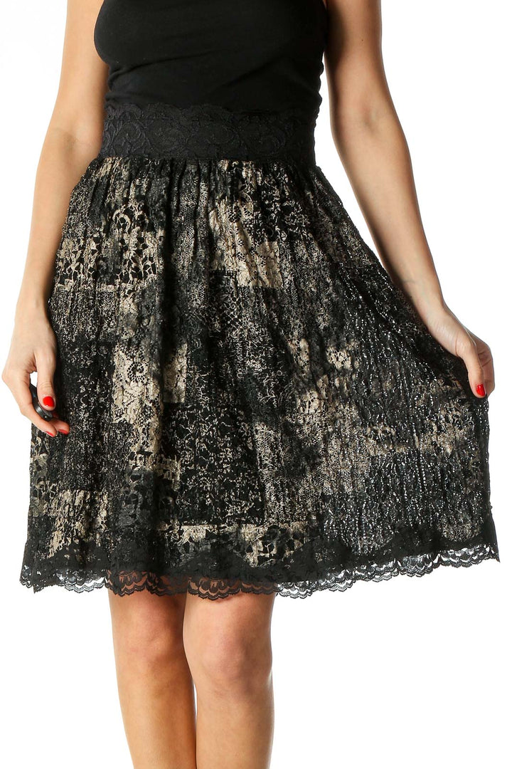 Black Print Retro Flared Skirt