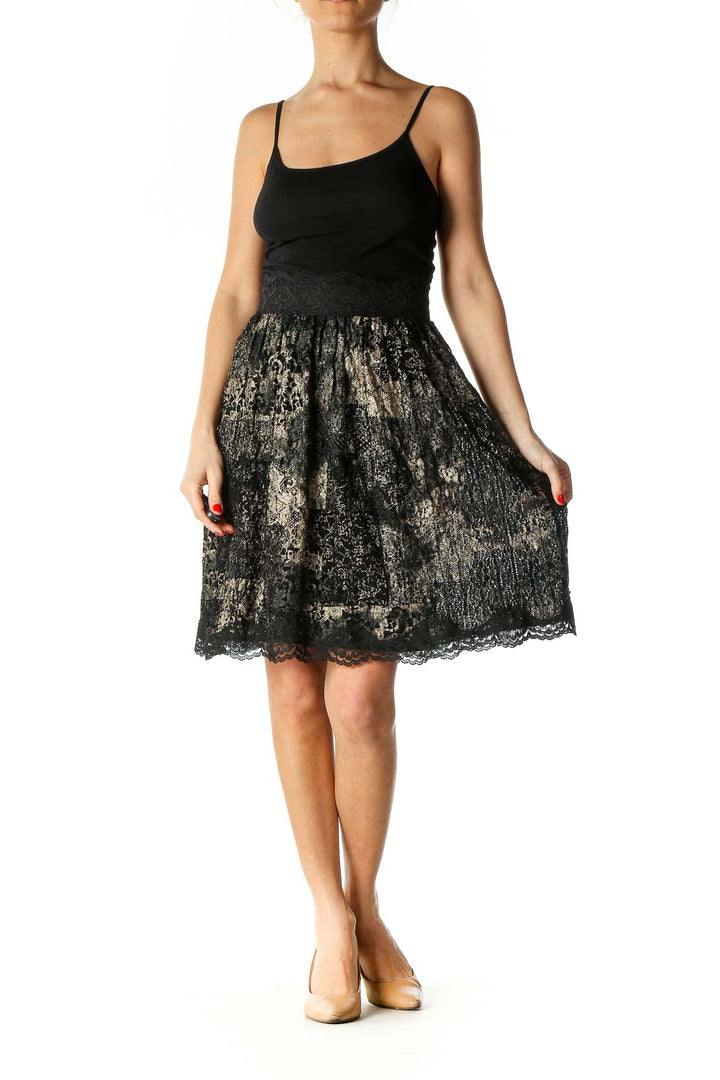 Black Print Retro Flared Skirt