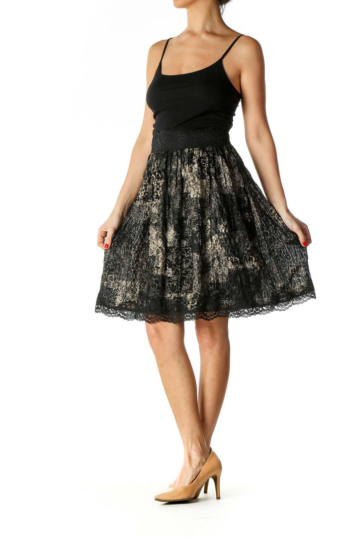 Black Print Retro Flared Skirt