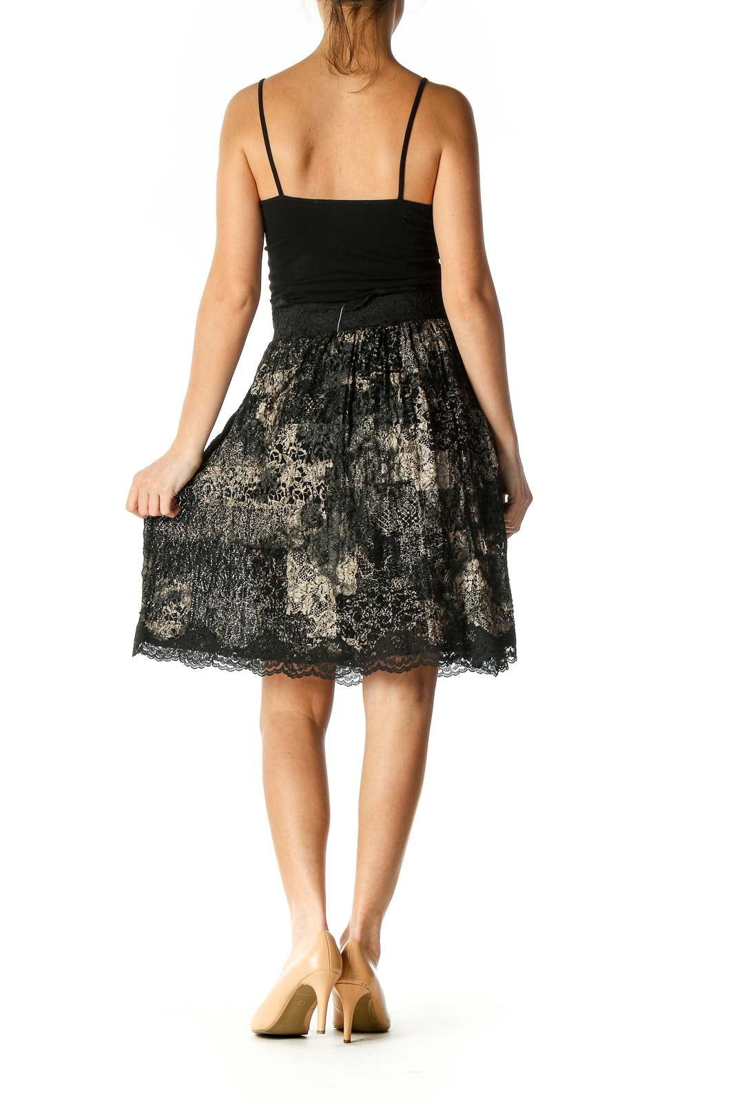 Black Print Retro Flared Skirt