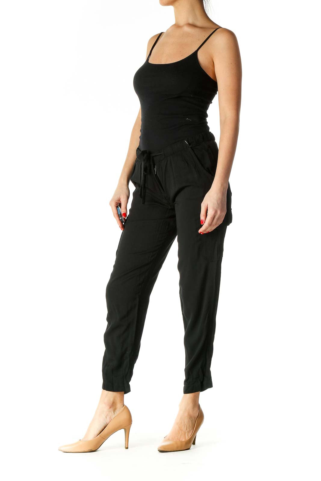 Black Solid Casual Capris