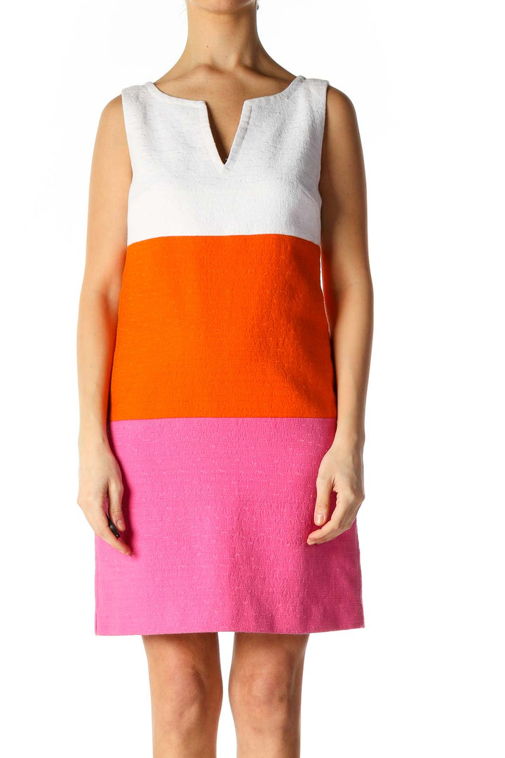 Orange Colorblock Casual A-Line Dress