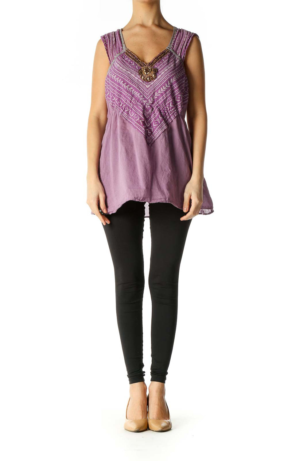 Front view of purple Free People embroidered sleeveless top with beaded V-neckline