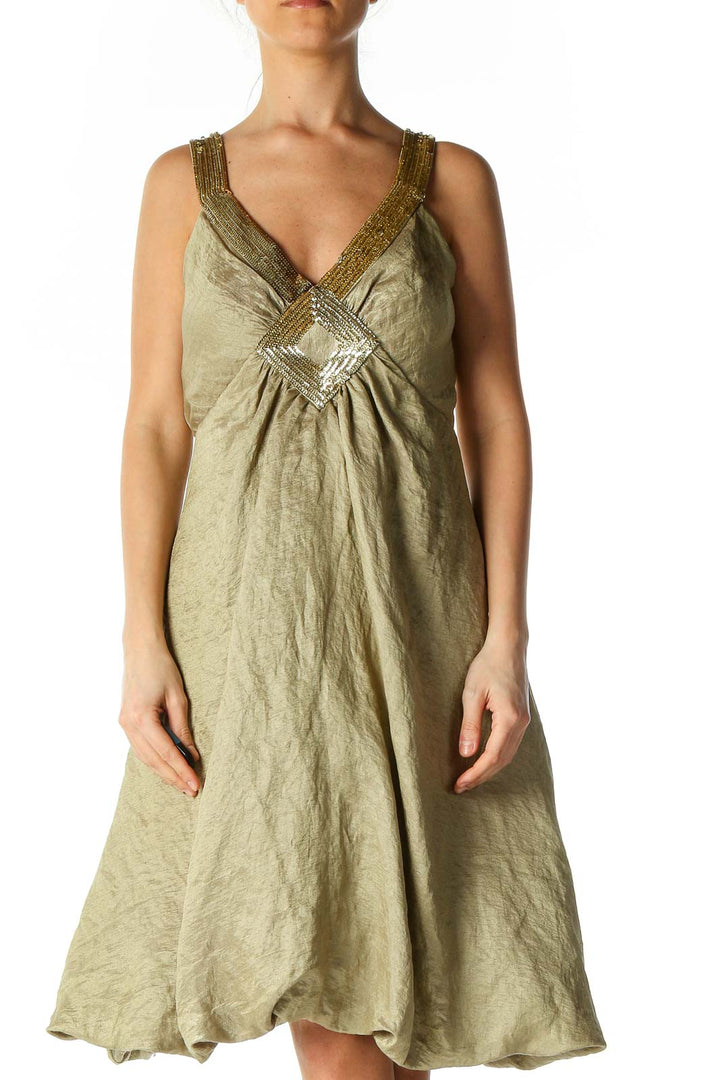 Green Solid Cocktail A-Line Dress