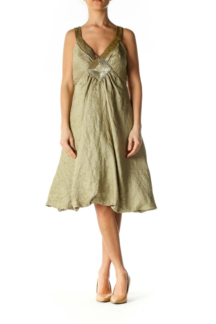 Green Solid Cocktail A-Line Dress