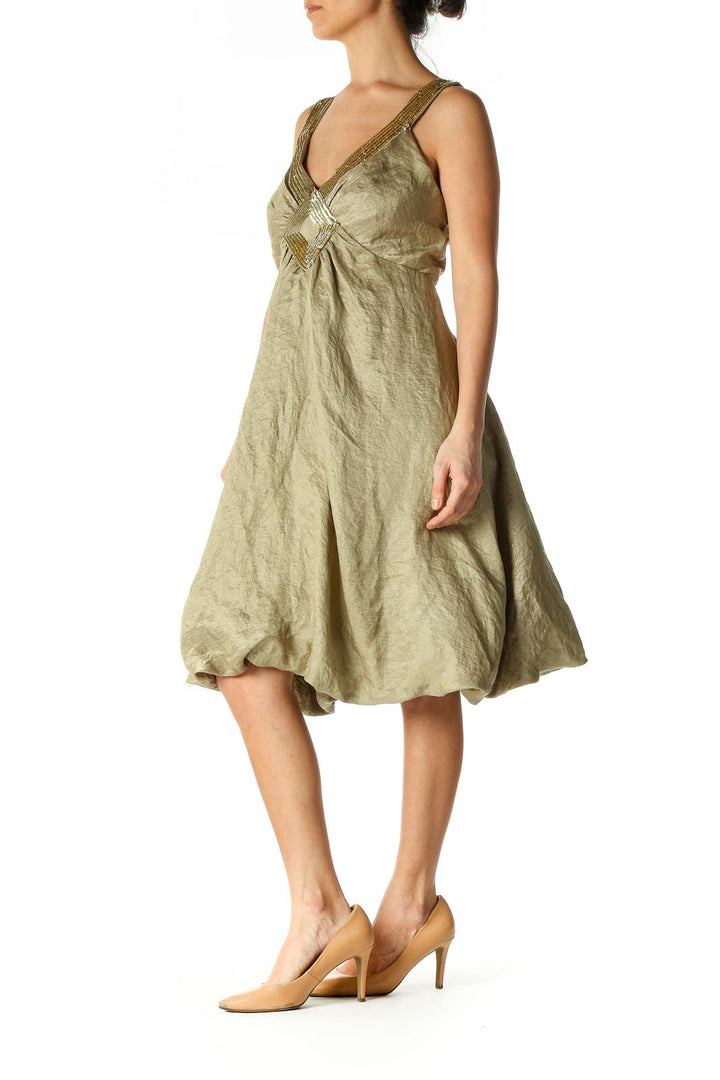 Green Solid Cocktail A-Line Dress