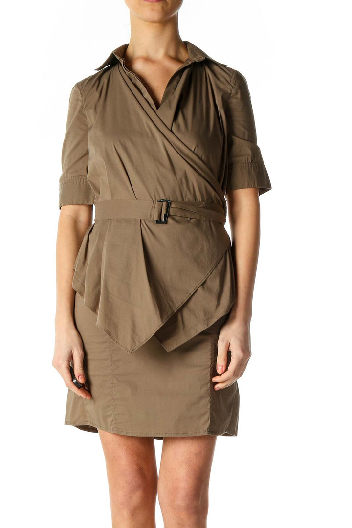 Brown Solid Casual Shift Dress