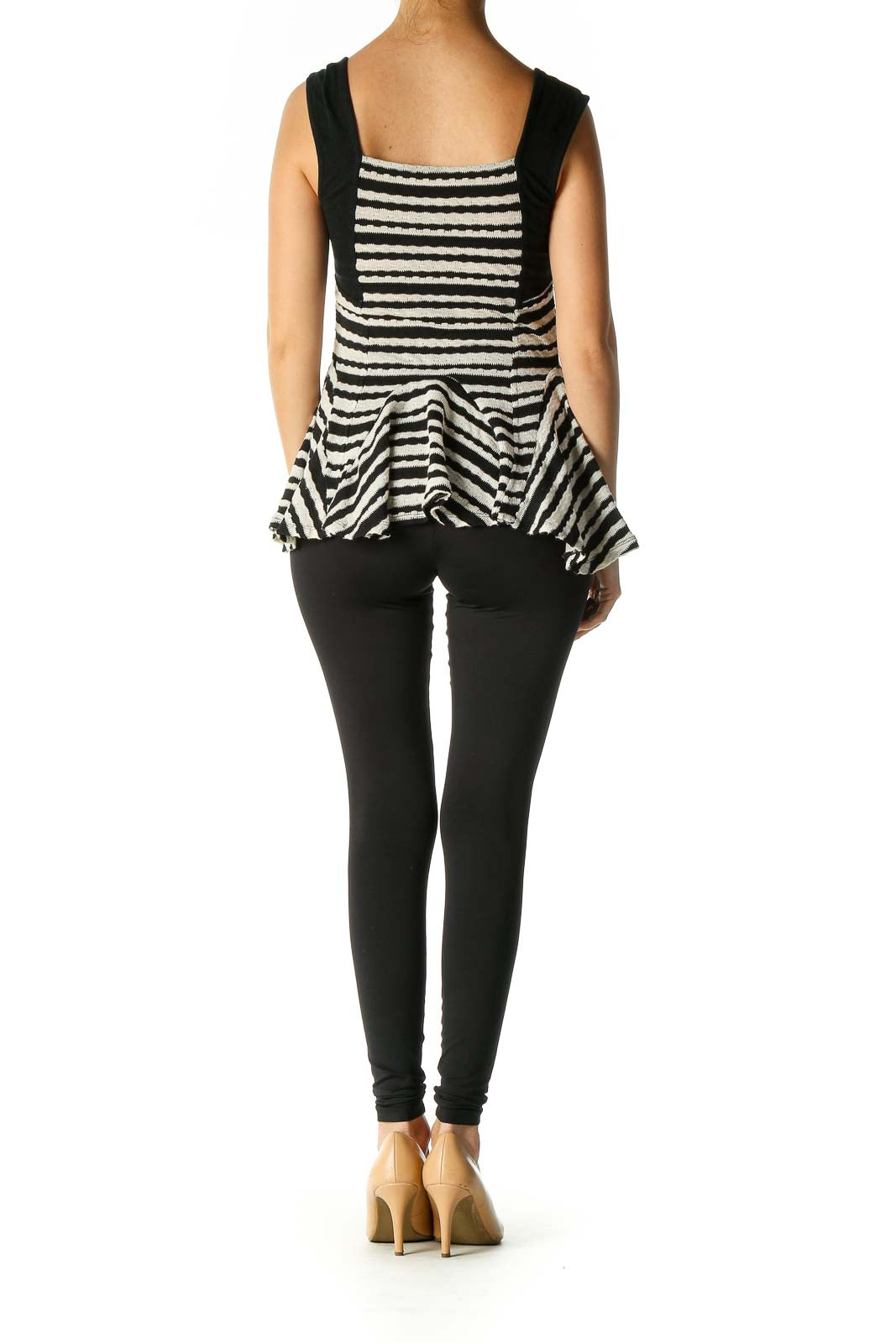 Back view of Free People Black and White Striped Peplum Knit Top showing peplum waist