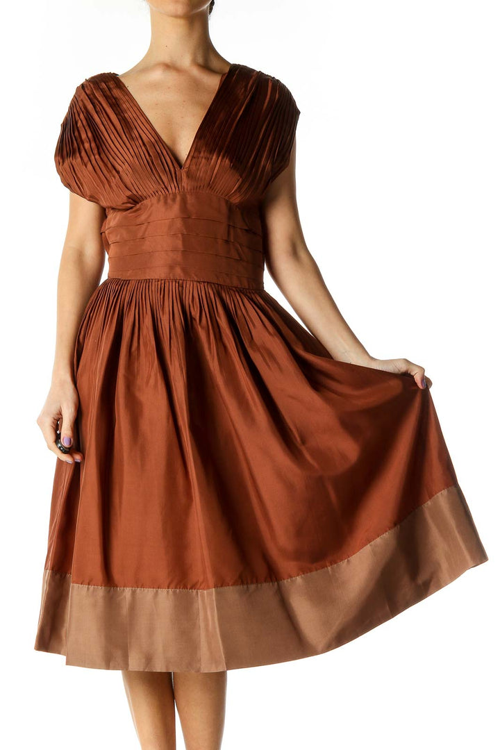 Brown Solid Fit Flare Dress