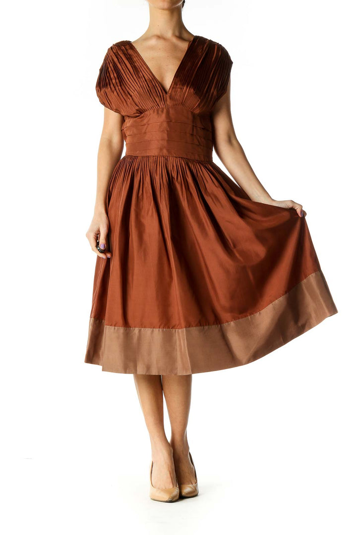 Brown Solid Fit Flare Dress