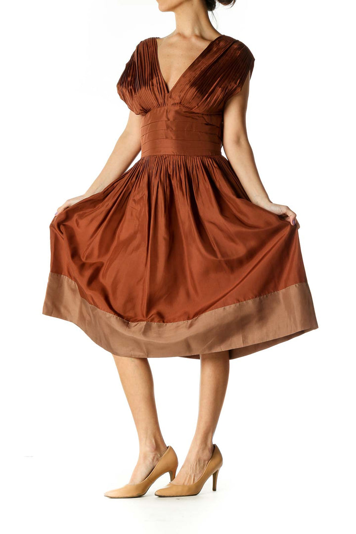 Brown Solid Fit Flare Dress