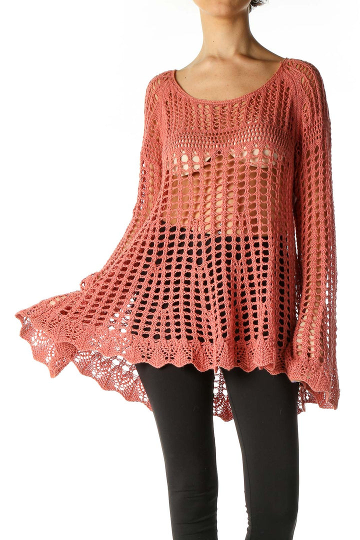 Front view of coral crochet tunic with bell sleeves by Free People