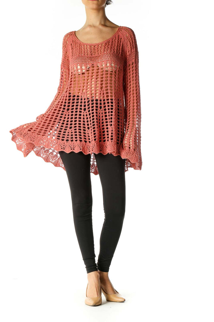 Front view of coral crochet tunic with bell sleeves by Free People