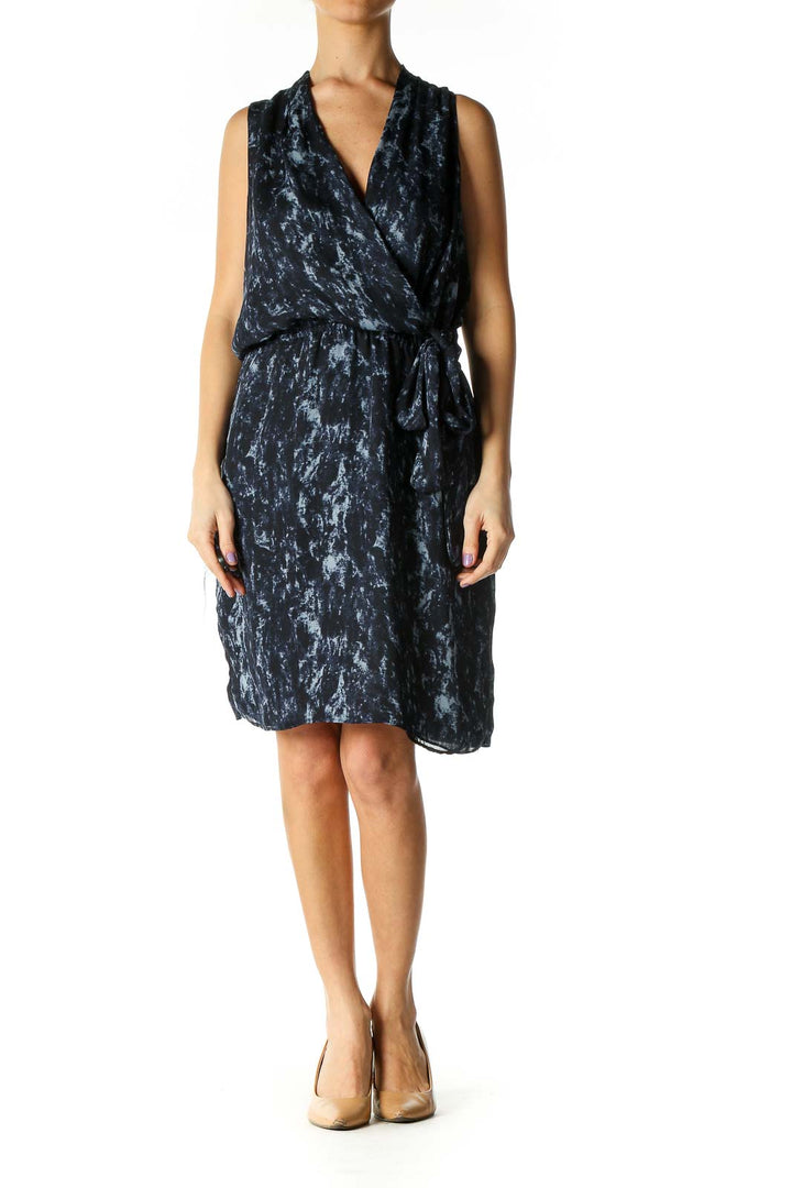 Blue Black Printed Wrap Dress