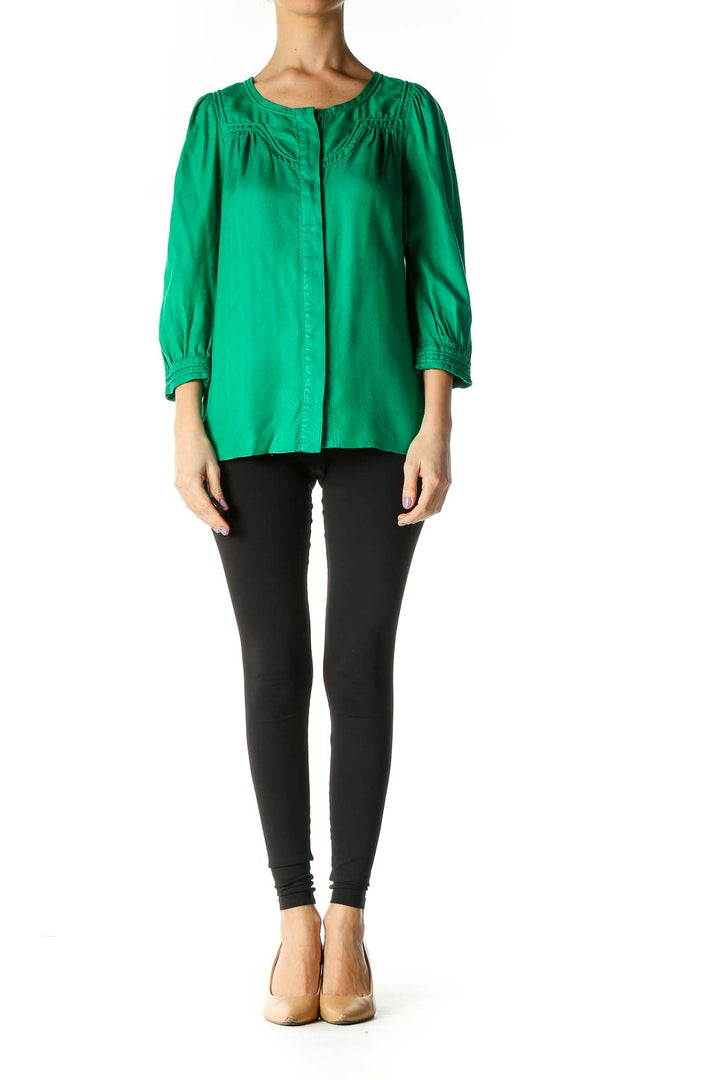 Green Solid Retro Blouse