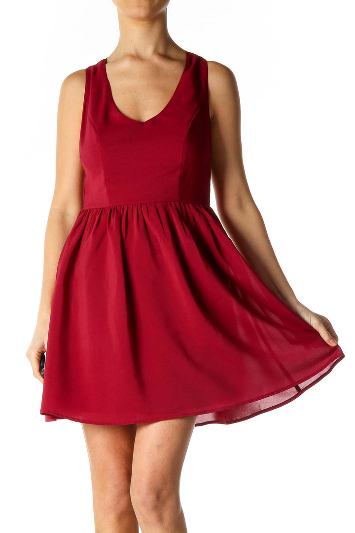 Red Solid Casual Fit Flare Dress