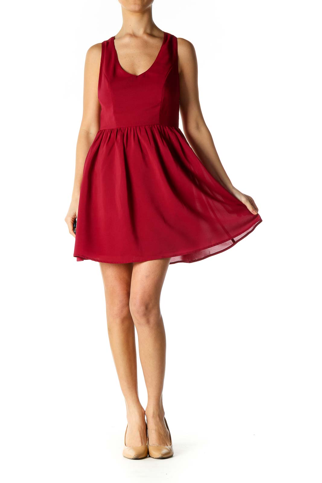 Red Solid Casual Fit Flare Dress