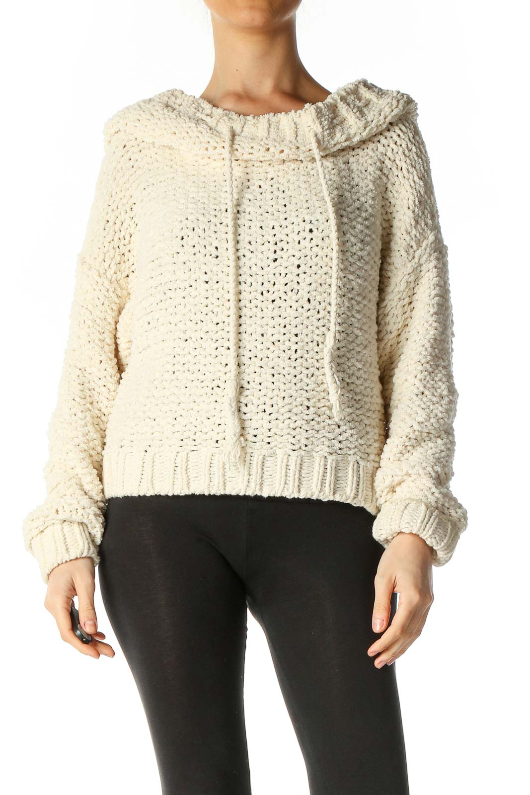 Front view of cream chunky knit hooded sweater from Free People