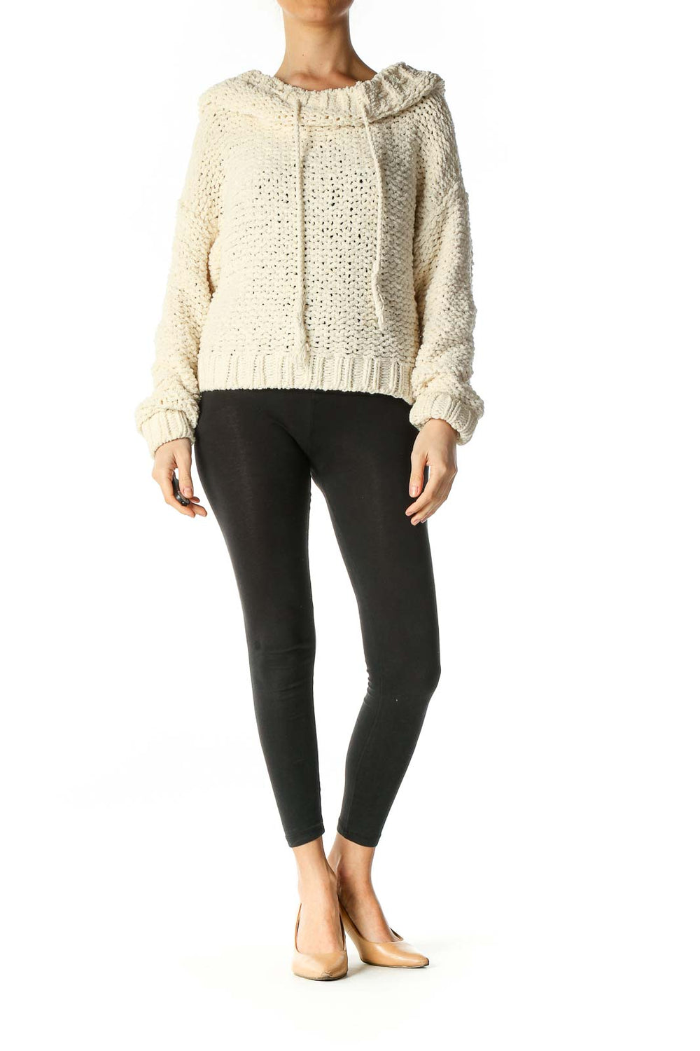 Front view of cream chunky knit hooded sweater from Free People