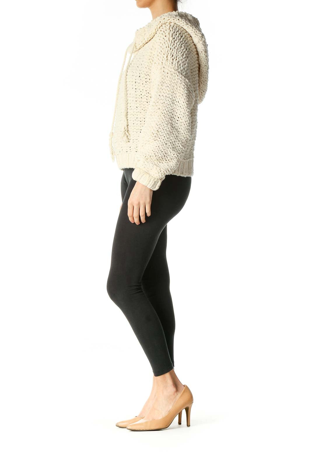 Front view of cream chunky knit hooded sweater from Free People