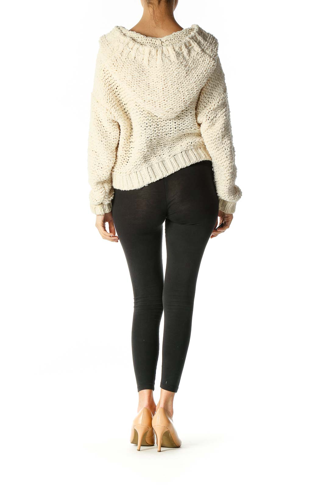 Back view of cream chunky knit hooded sweater from Free People