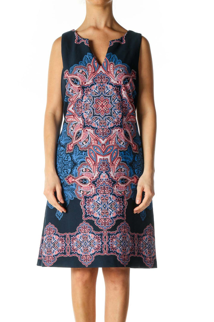 Blue Geometric Print Bohemian A-Line Dress