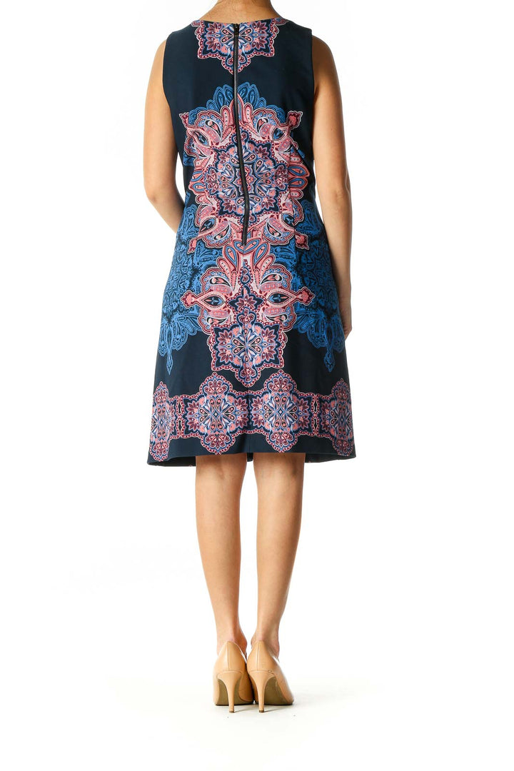 Blue Geometric Print Bohemian A-Line Dress