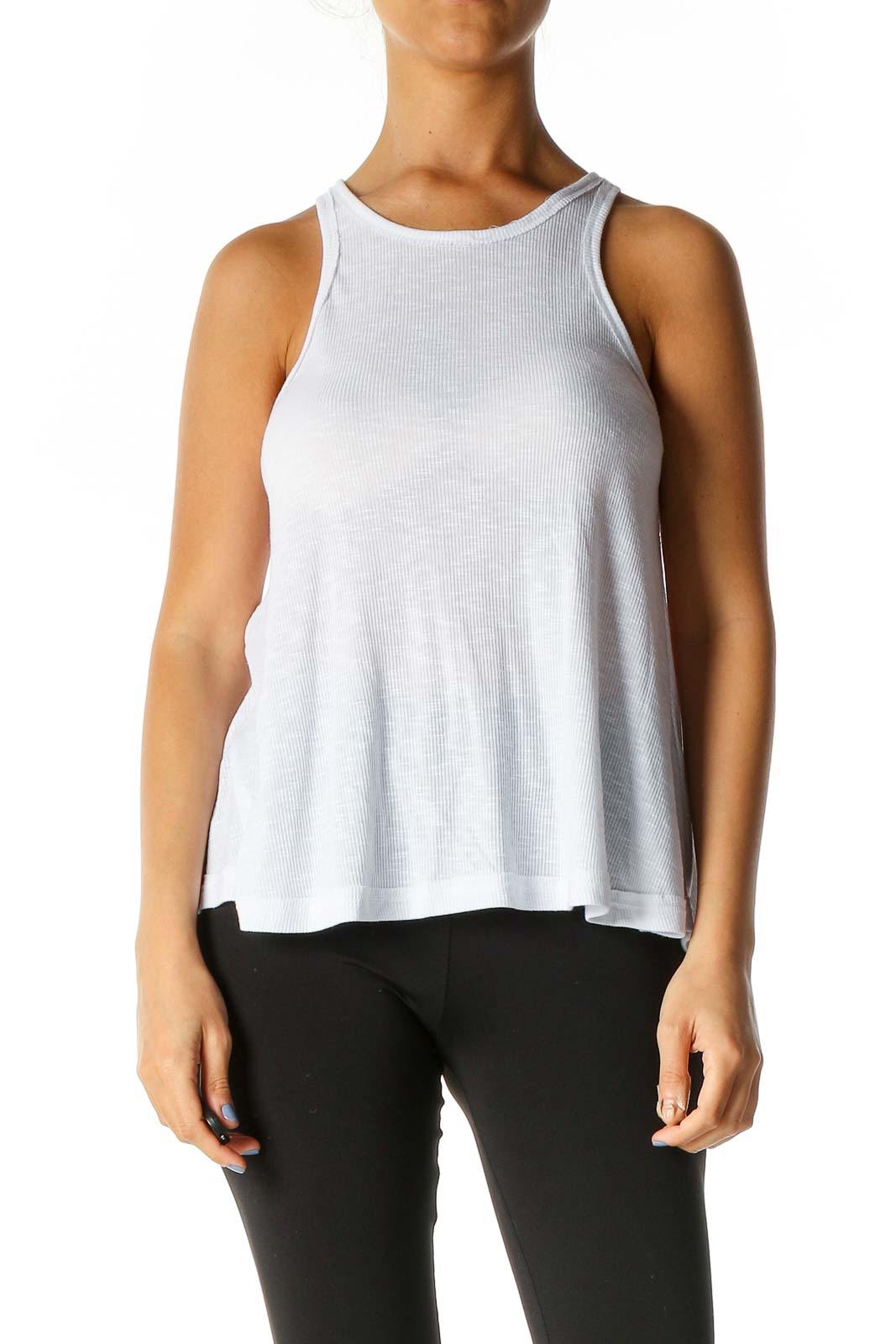 Front view of white ribbed flowy tank top from Free People