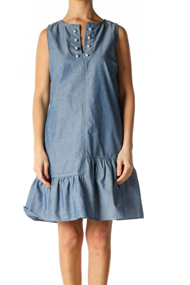 Blue Solid Holiday A-Line Dress