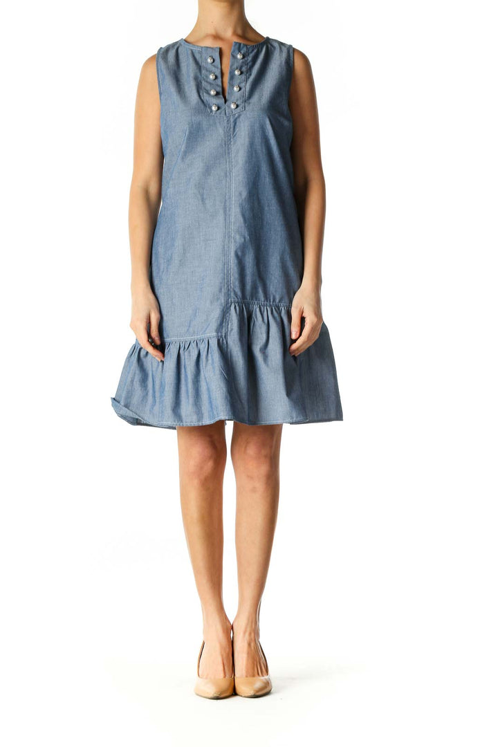 Blue Solid Holiday A-Line Dress