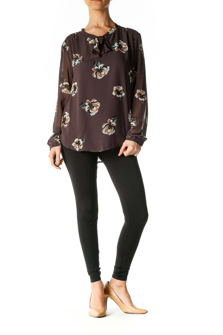 Brown Floral Print Retro Blouse