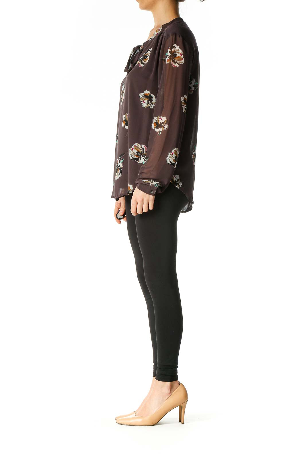 Brown Floral Print Retro Blouse