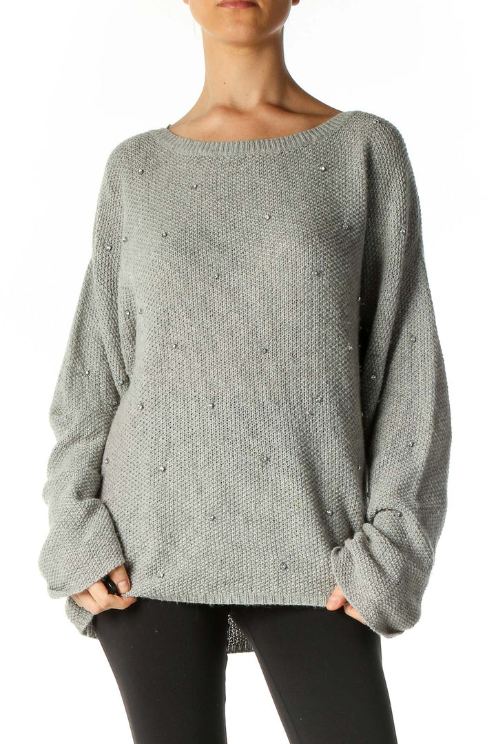 Green Textured Embellished Casual Sweater