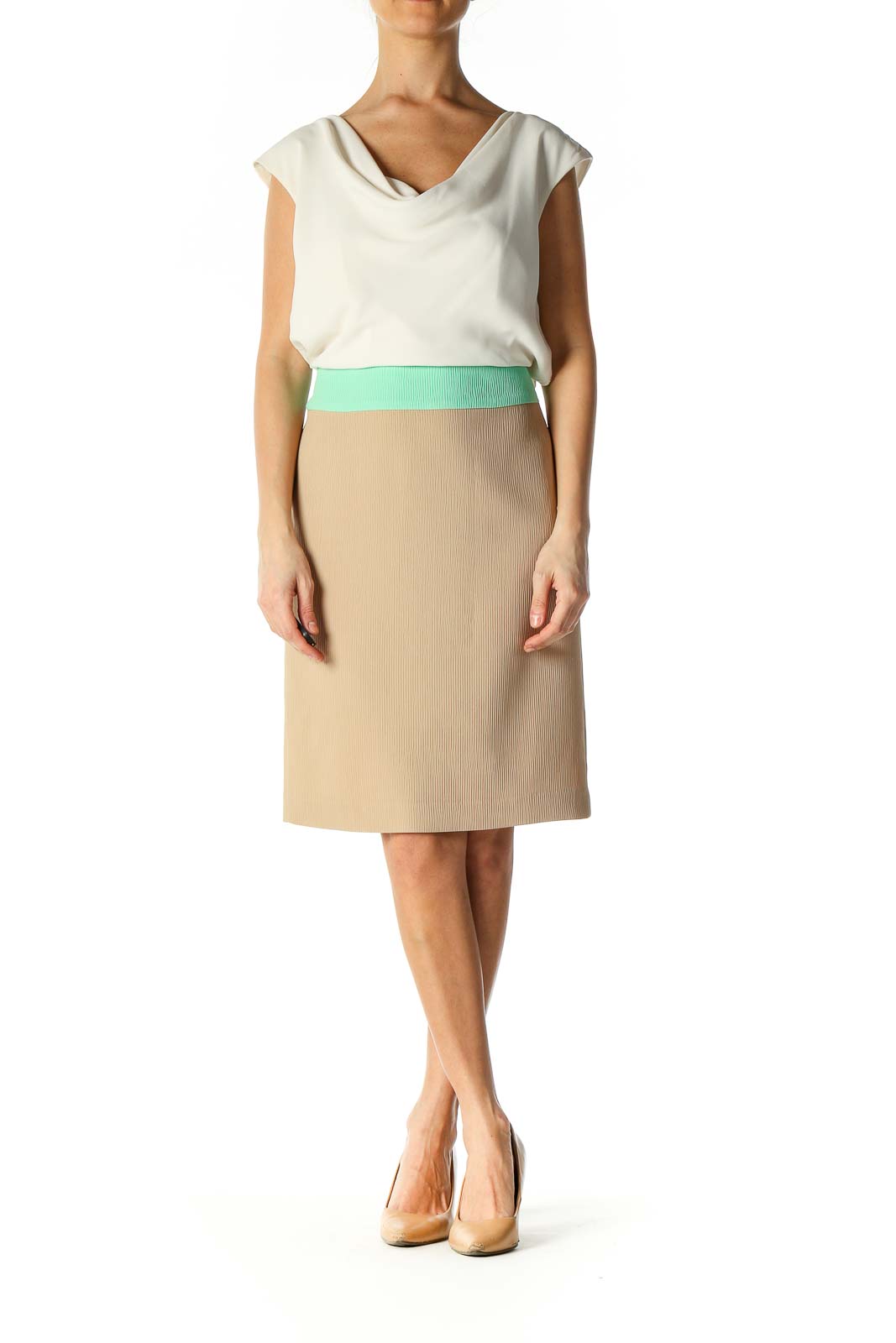 Beige Colorblock Classic Pleated Skirt