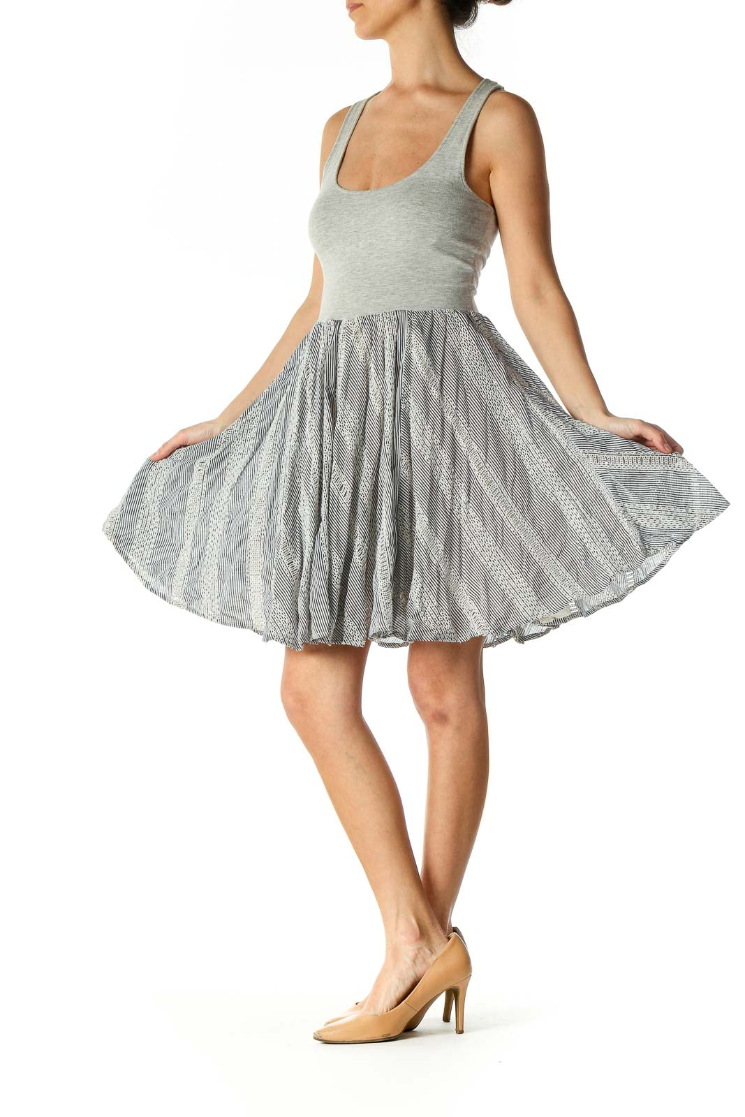 Front view of Free People gray skater dress with lace skirt