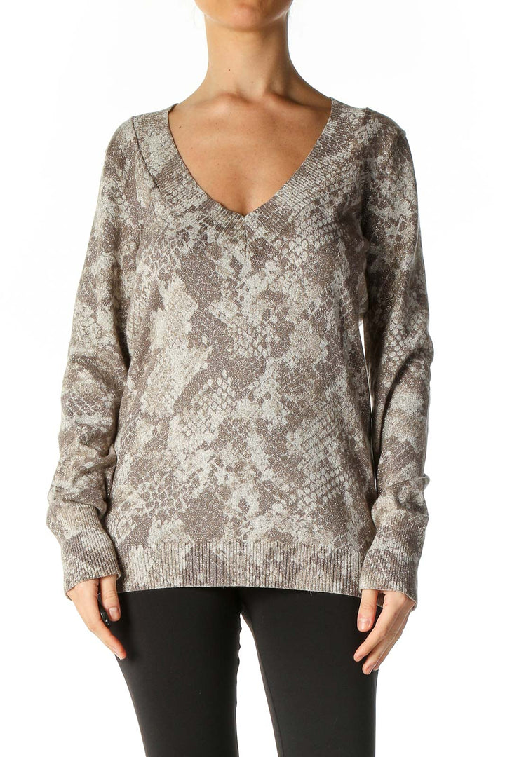 Gray Textured Animal Print Casual Sweater