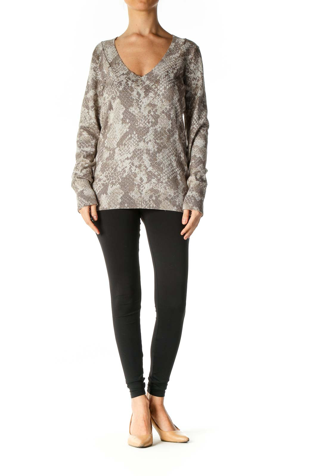 Gray Textured Animal Print Casual Sweater