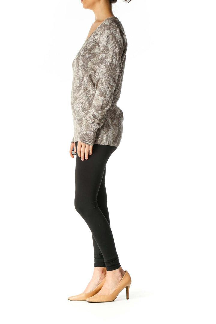 Gray Textured Animal Print Casual Sweater