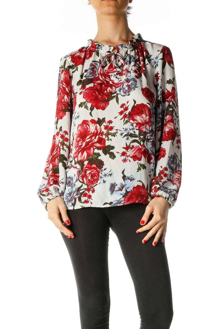 White Floral Print Retro Blouse