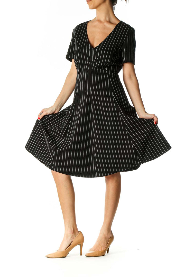 Black Striped Casual Fit & Flare Dress