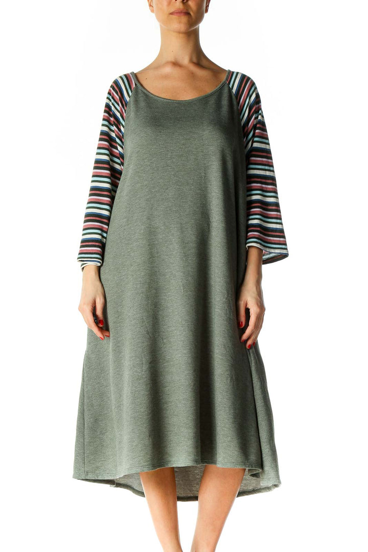 Green Textured Casual A-Line Dress